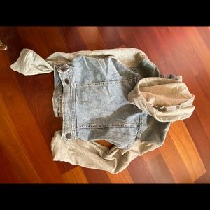 Denim jacket with grey sweat hood and sleeves